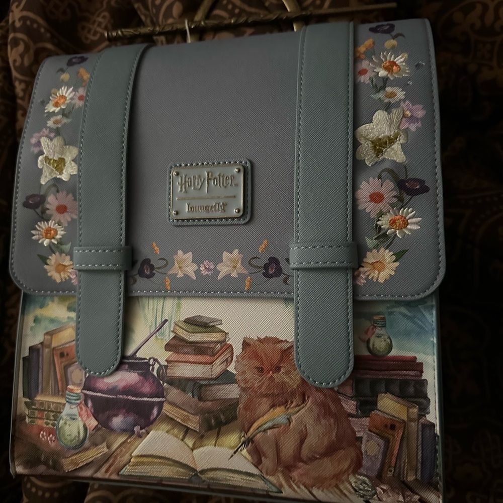 Loungefly Blue Harry Potter Backpack with Floral and Cat Design